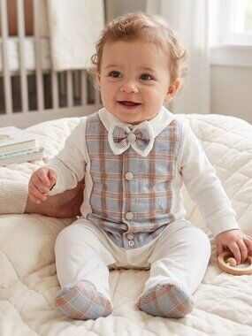 Beau Kid Long Sleeve Baby Boy Ivory Bowtie Plaid Pantsuit Bodysuit Pants Footed